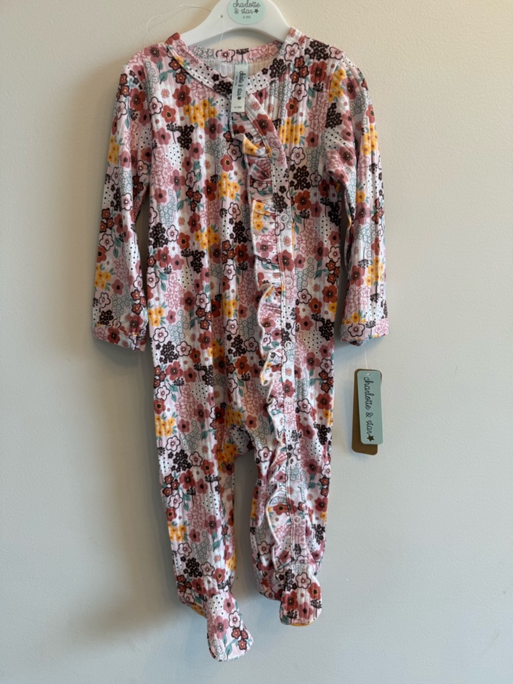 Charlotte & Star Pink Floral Ruffled Footed One-Piece size 6/9 month